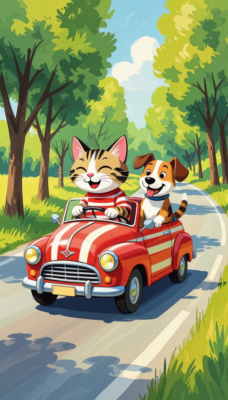 Cat and Dog's Road Trip in Gouache Watercolor
