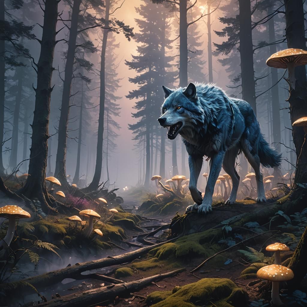 Thunder Wolf in Misty Forest: Digital Art
