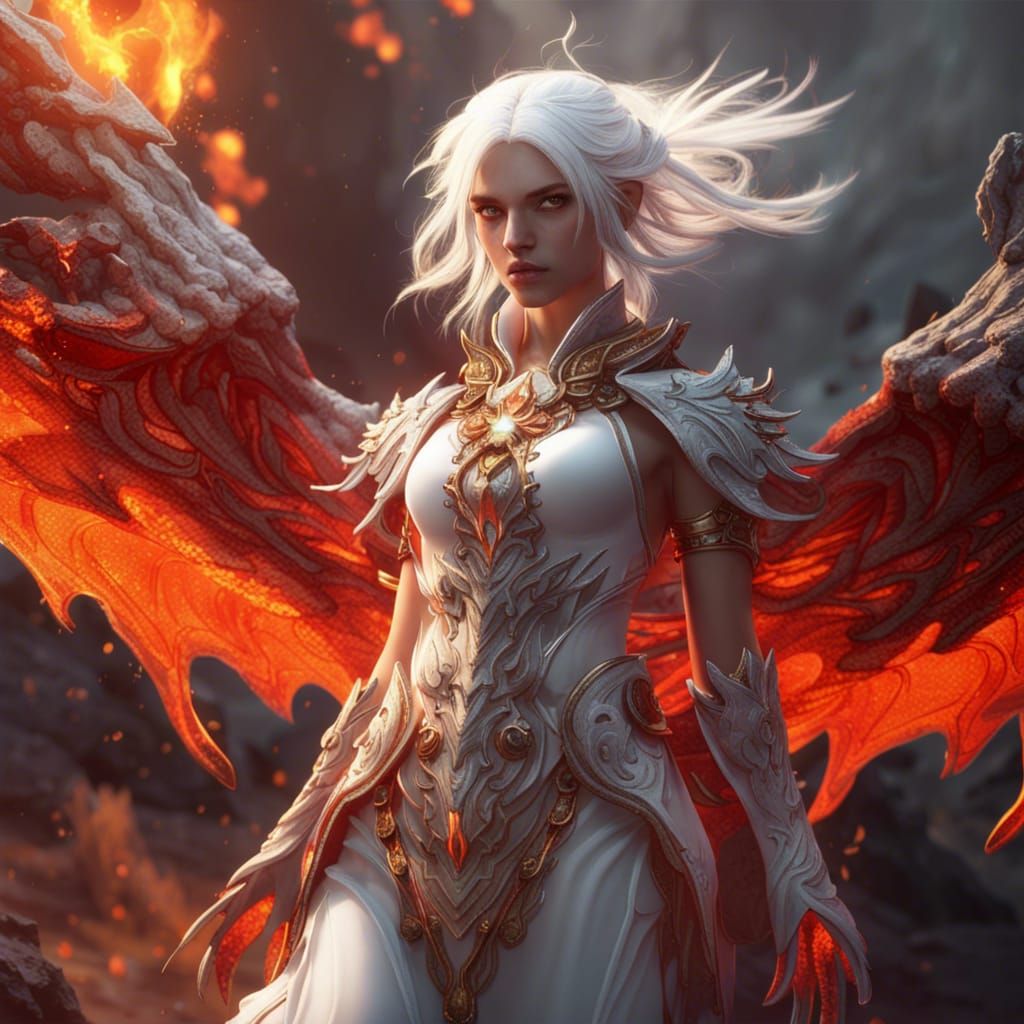 Fiery White-Haired Demon in Volcanic Landscape, Manhua