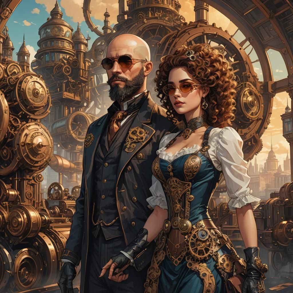 Steampunk Couple in a Victorian-Inspired City