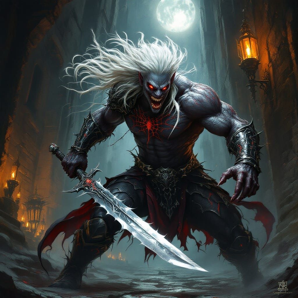 Anne Stokes style portrait of dark grey-skinned fierce muscu...