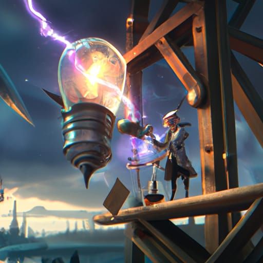 Vintage Scientist Capturing Lightning, Detailed Matte Painti...