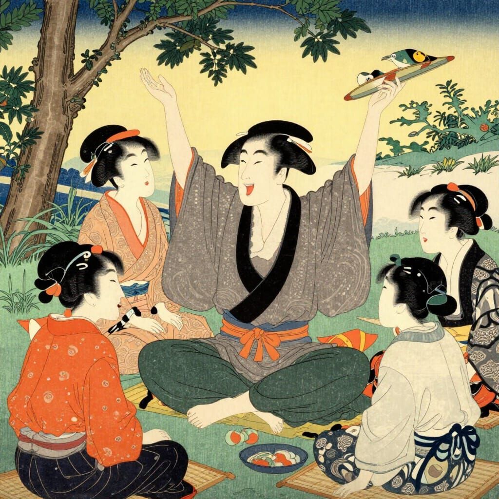 Joyful Life Illustration in Ukiyo-e Style