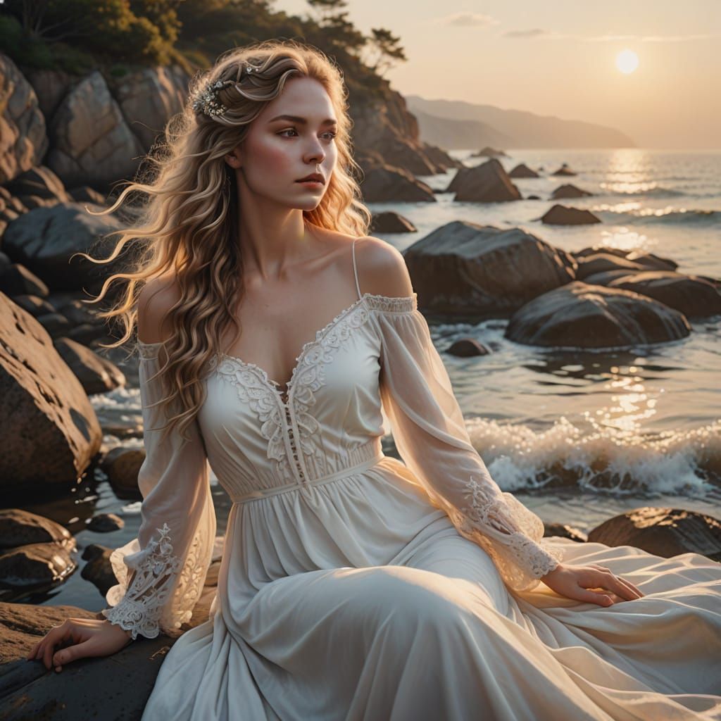 Ethereal Neoclassical Goddess in Golden Hour