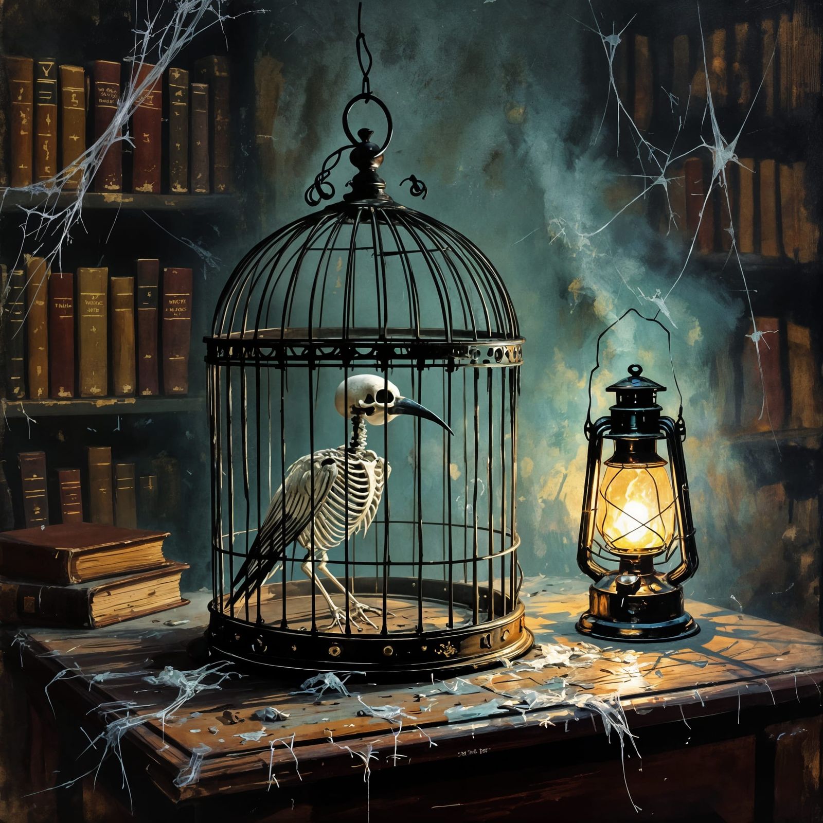 Haunted Birdcage with Skeleton Bird in Eerie Glow