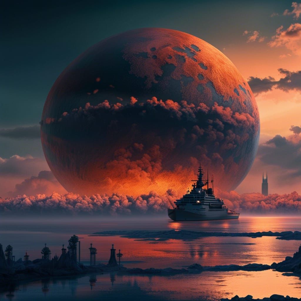 Lake Ship Under Pink Moon in Sci-Fi Oil Painting