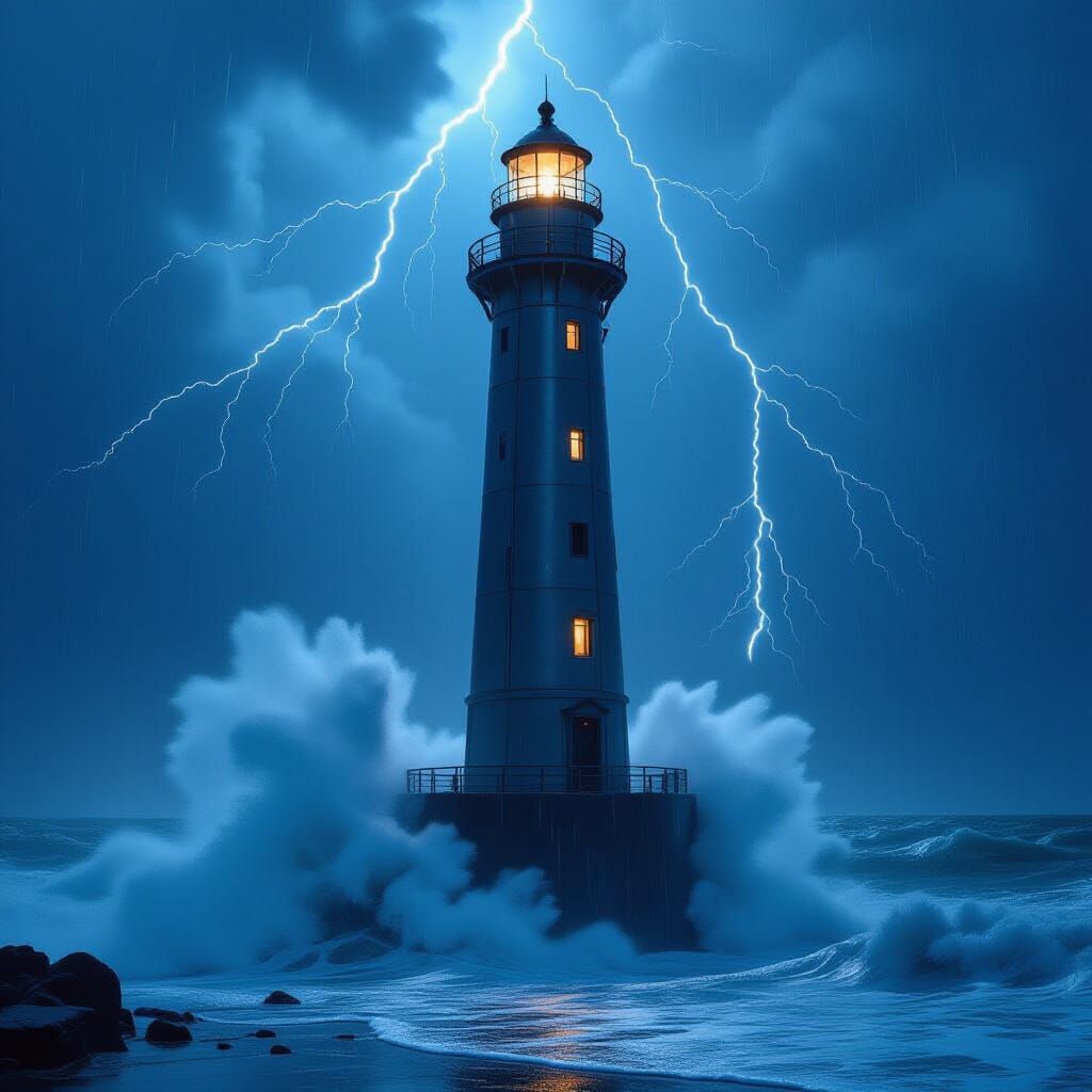 Futuristic Lighthouse in a Cyberpunk Storm