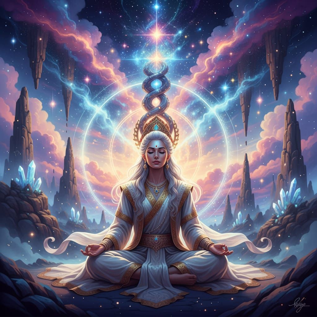 Meditating Siddha Radiates Ethereal Light in Mystical Landsc...