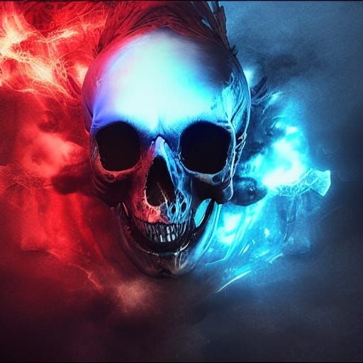 Red Blue Gold Skull with Glowing Eyes