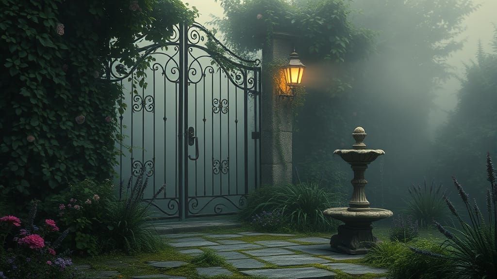Mysterious Foggy Garden Behind Wrought Iron Gate