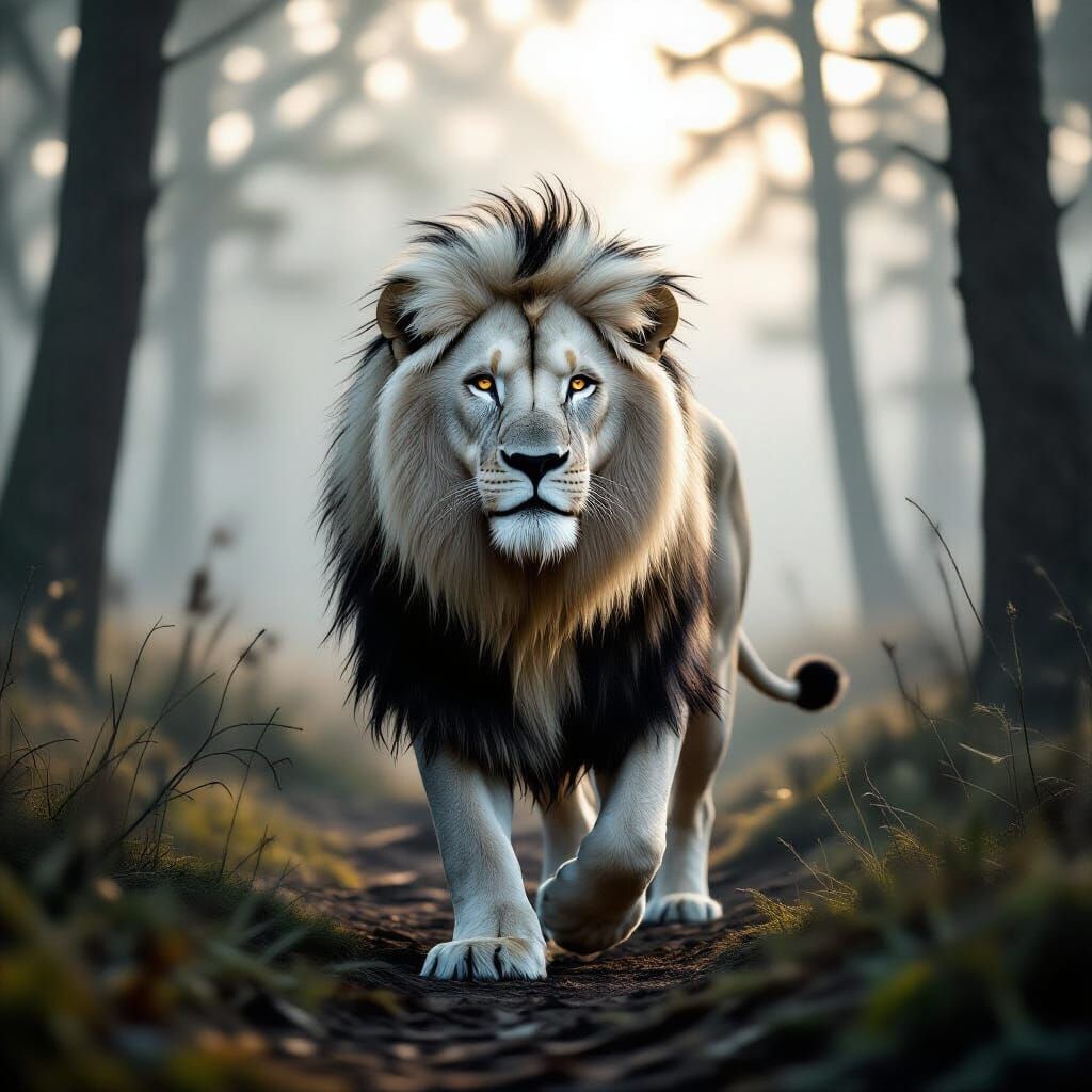 Majestic White Lion Roaming in Misty Forest
