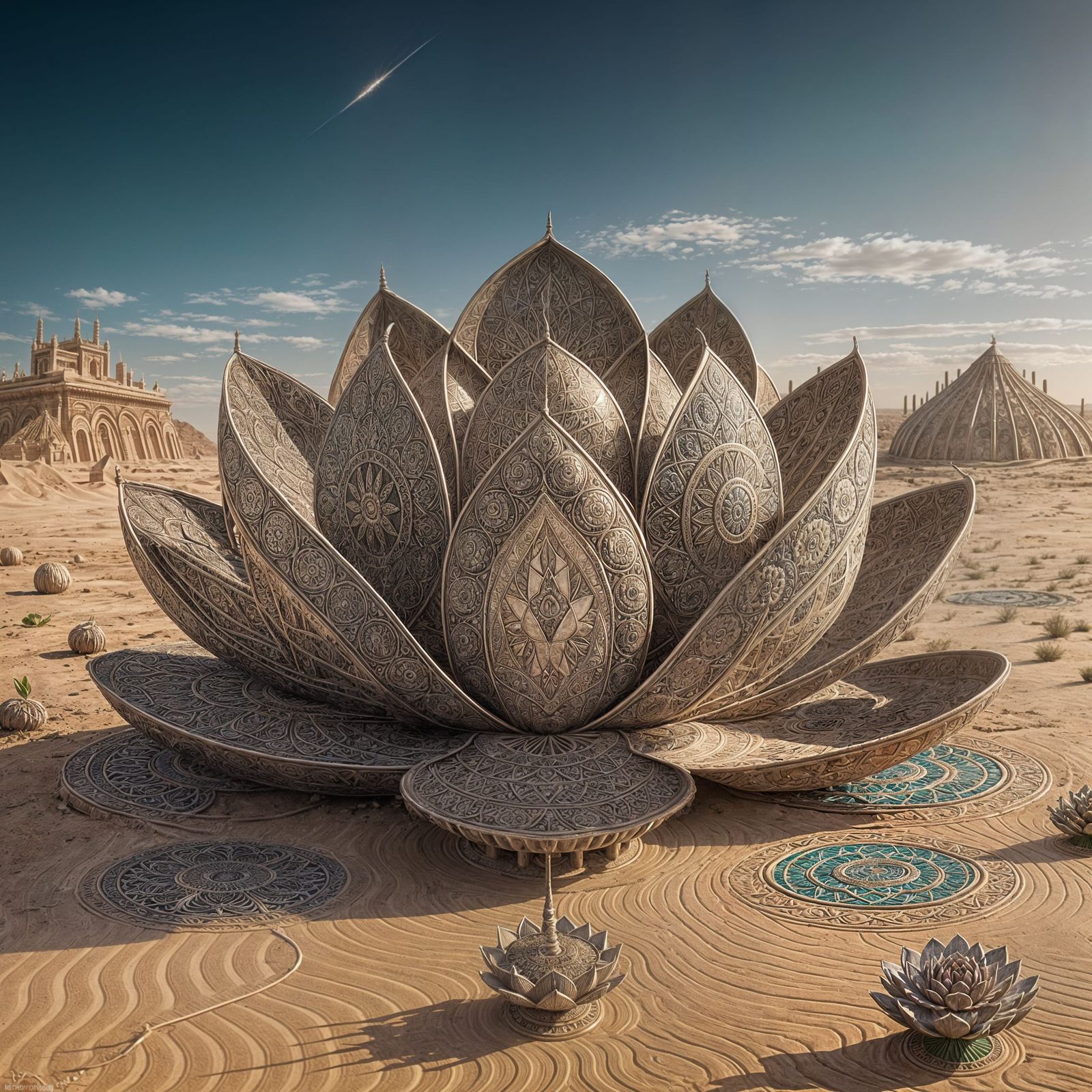 Surreal Post-Apocalyptic Lotus Flower Mandala Blooms in Dese...