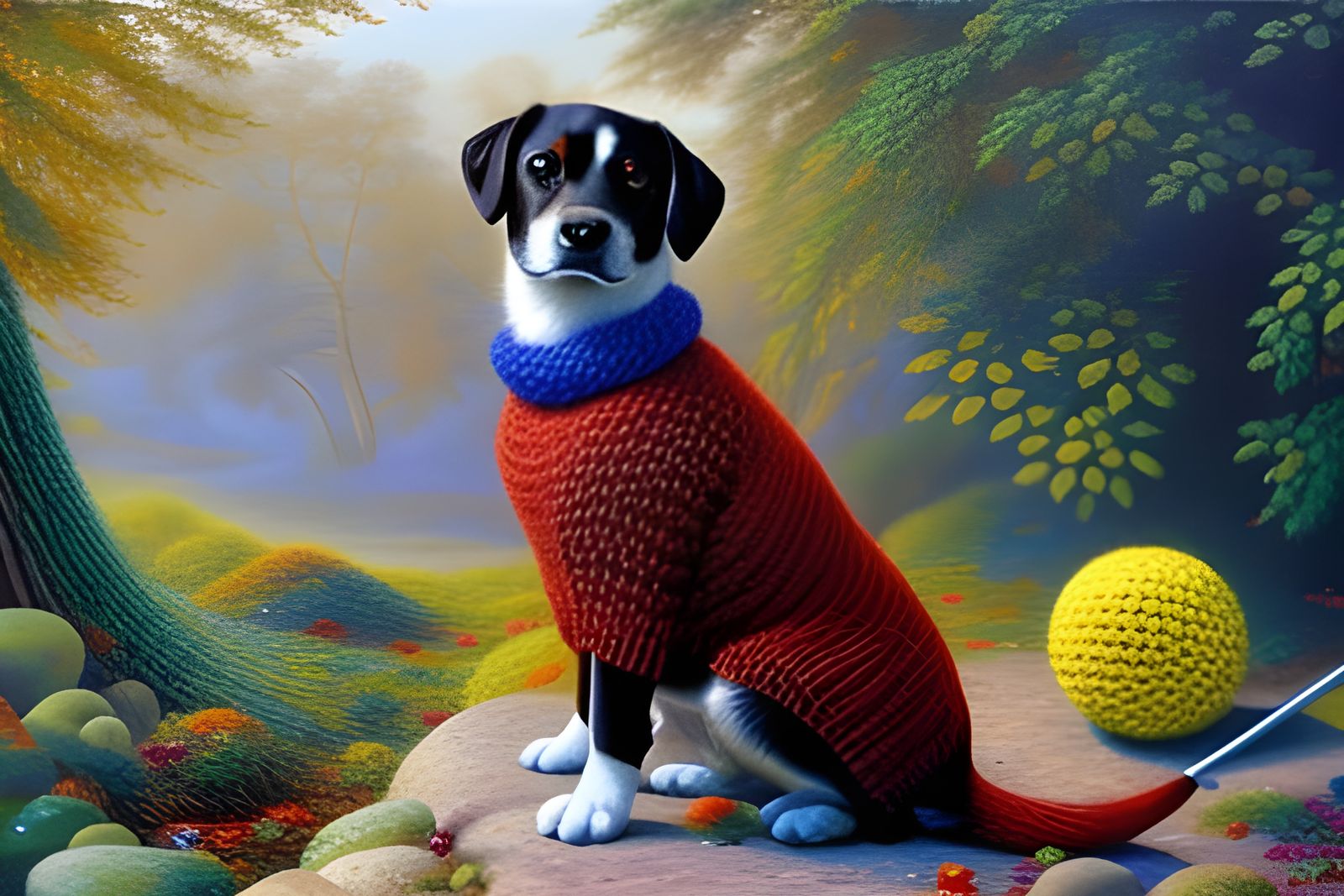 Dog Wearing a Knitted Sweater with  Balls of Yarn