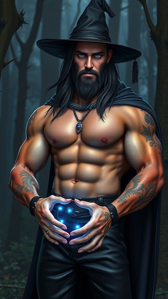 Handsome Male Witch Casting Magic in Dark Forest
