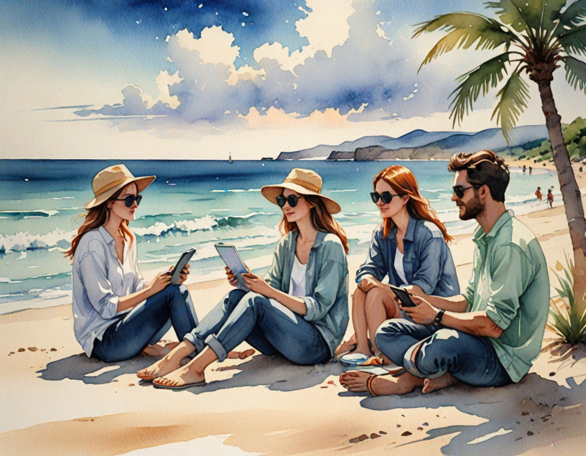 Friends Enjoying Leisure Time at Beach in Watercolor Style