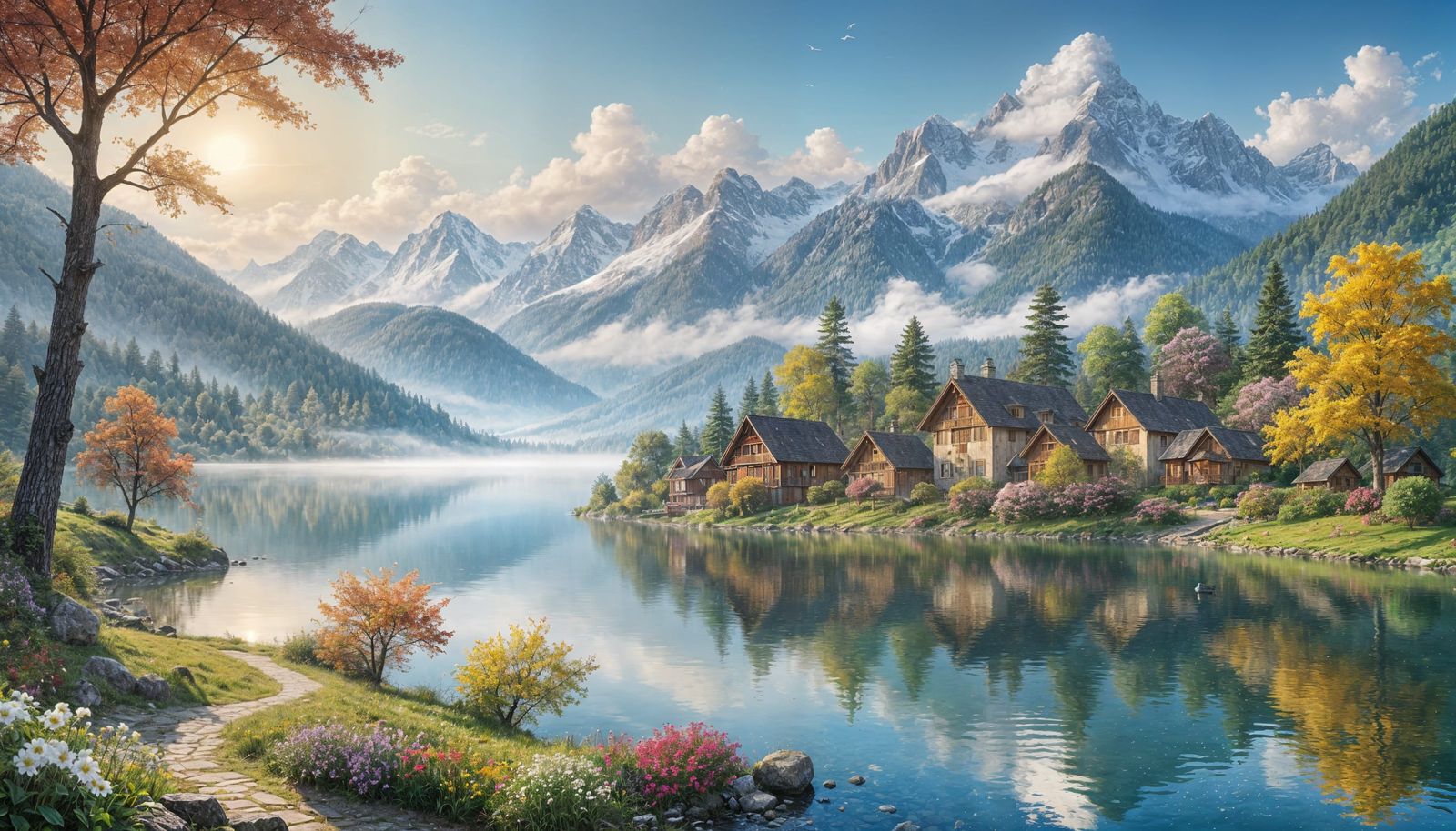 Idyllic Lakeside Village at Sunrise