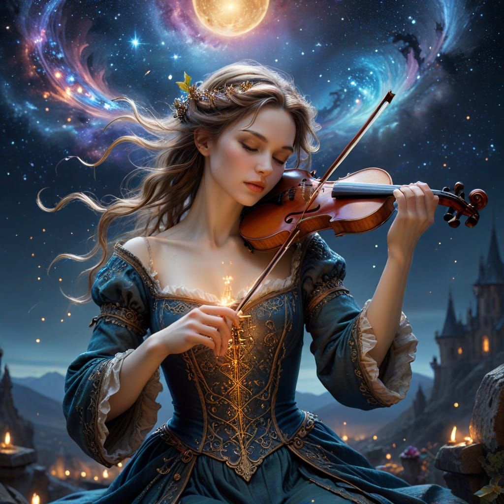 Violinist Under Enchanted Milky Way Sky