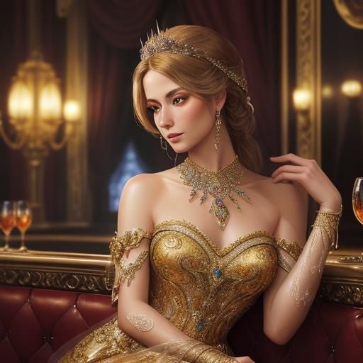 Glamorous Woman at Ornate Bar in Hyperrealistic Style