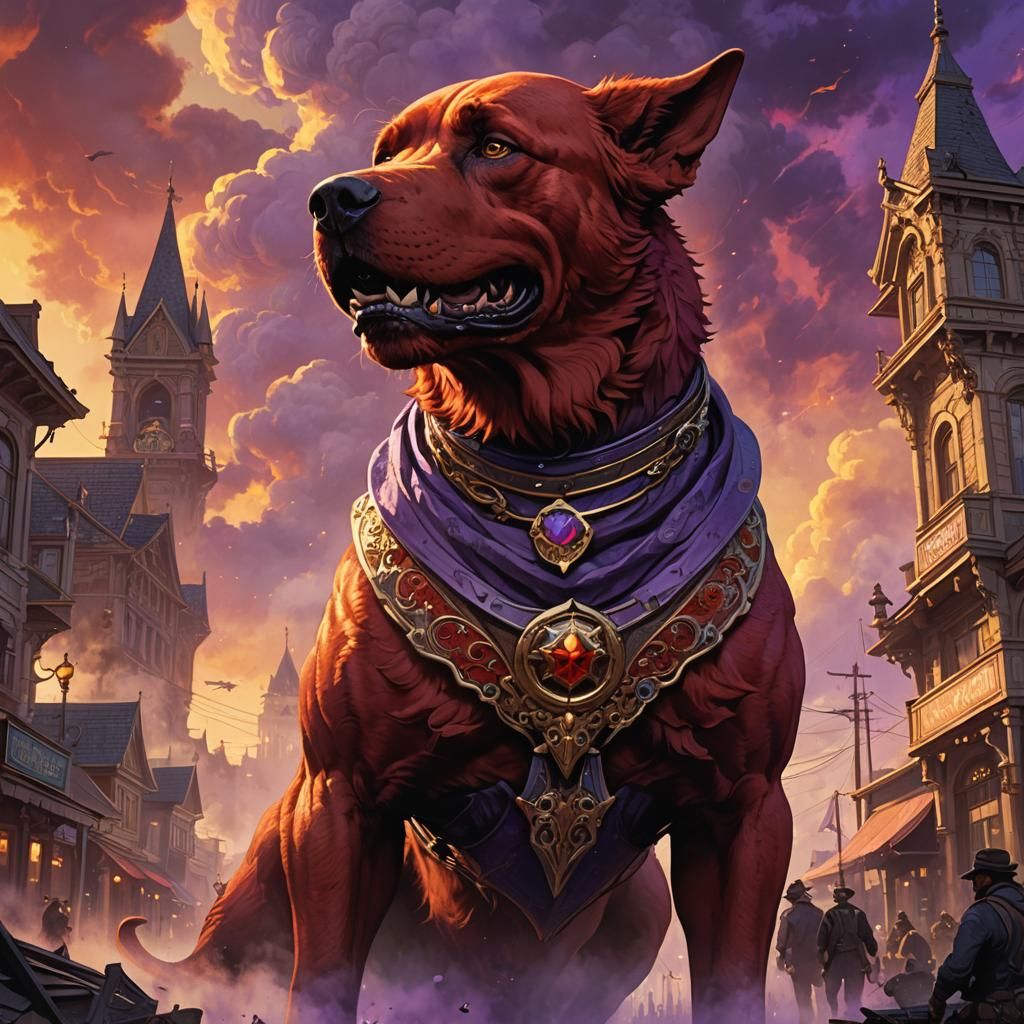 Giant Red Dog Invasion in Dark Fantasy Style