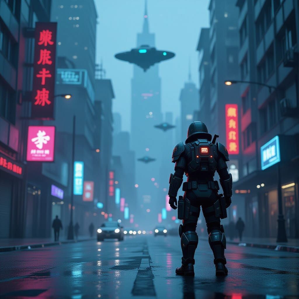 Helldiver Stands on Grimy Cyberpunk Street