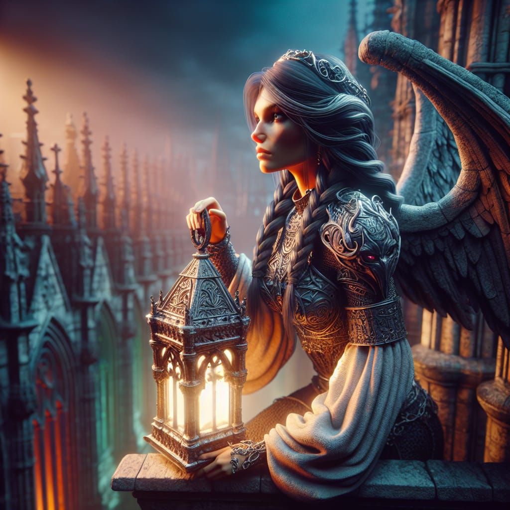 Gothic art. A beautiful female gargoyle (with long braided black hair) wearing ornate stone armor stands atop a cathedra...