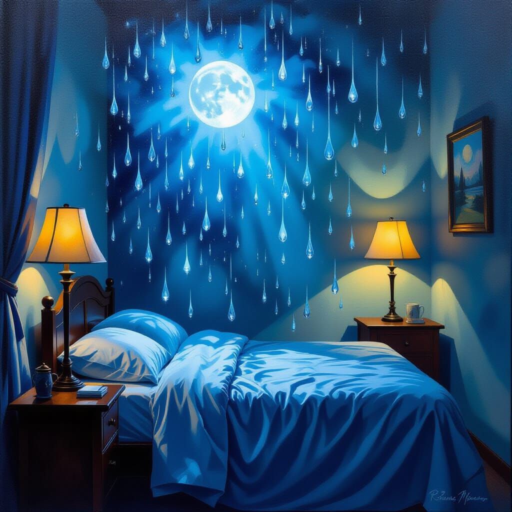 Surreal Bedroom with Levitating Raindrops, Dreamlike Oil Pai...