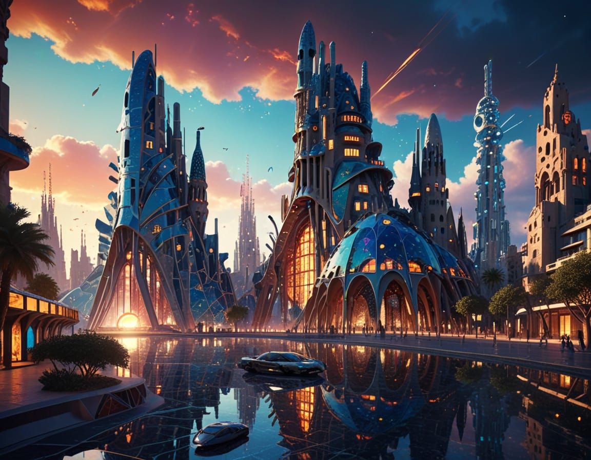 Futuristic Cityscape with Gaudí Architecture and Spaceship