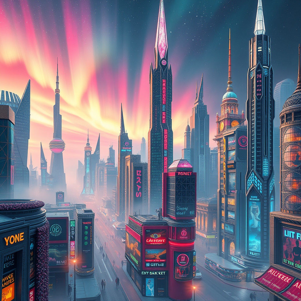 Futuristic Metropolis Sparkles with Gems and Neon Lights