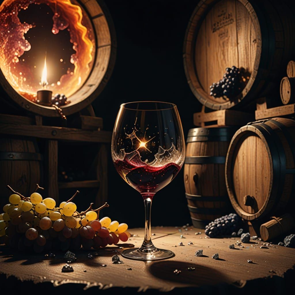 Surreal Wine Glass Scene in a Dimly Lit Cellar