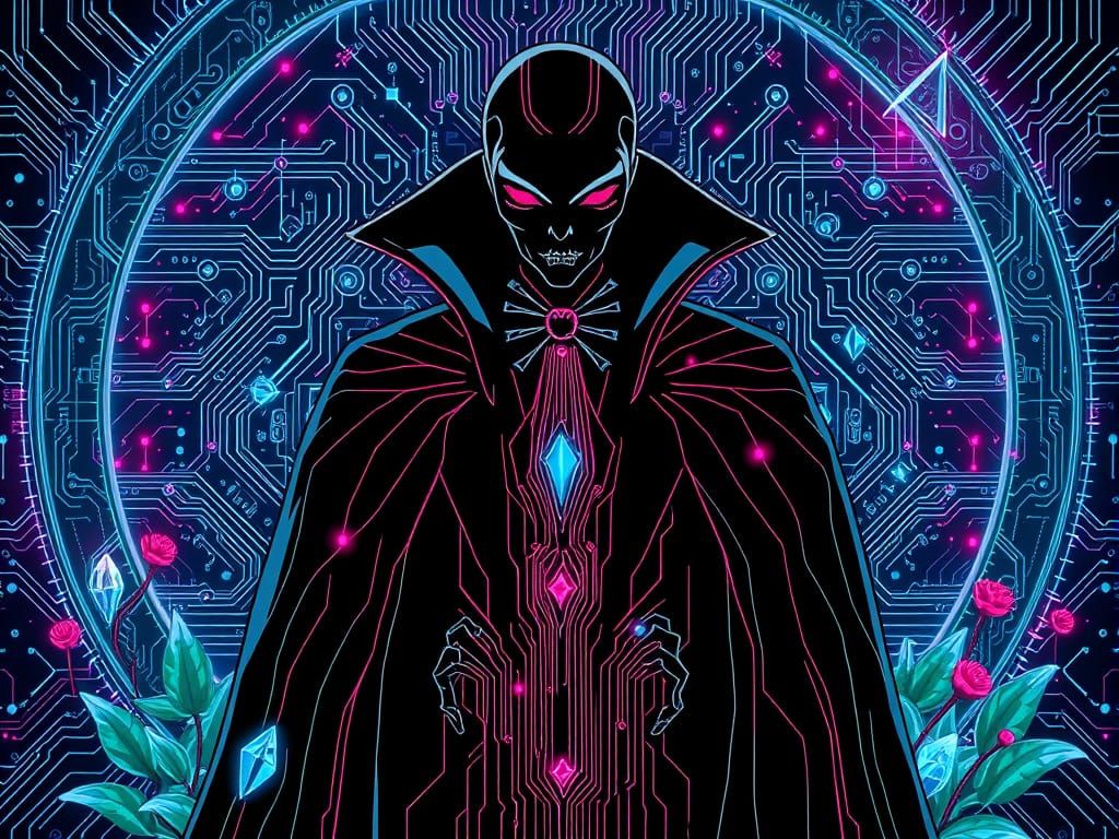 Elegant Cyberpunk Vampire in Quantum Portal