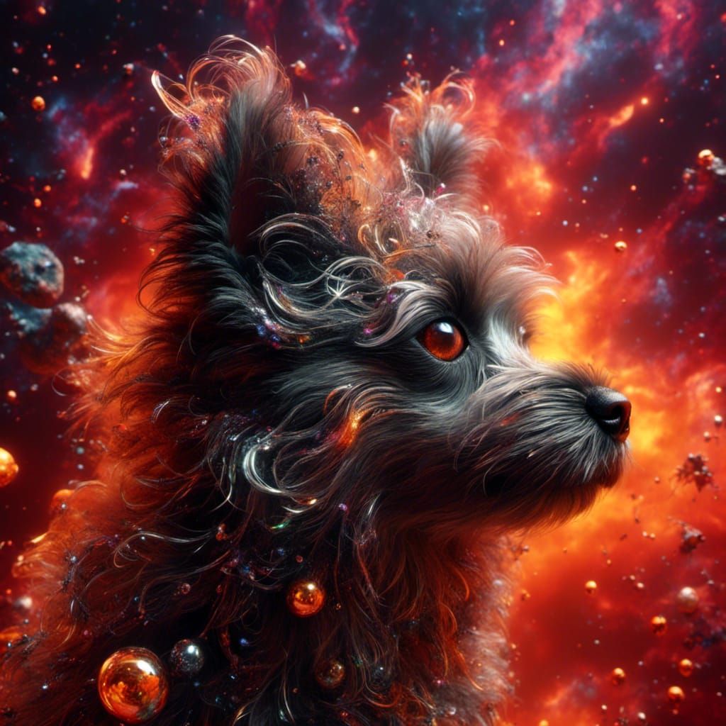 Fluffy Black Dog on Mars: Hyperrealistic Splash Art