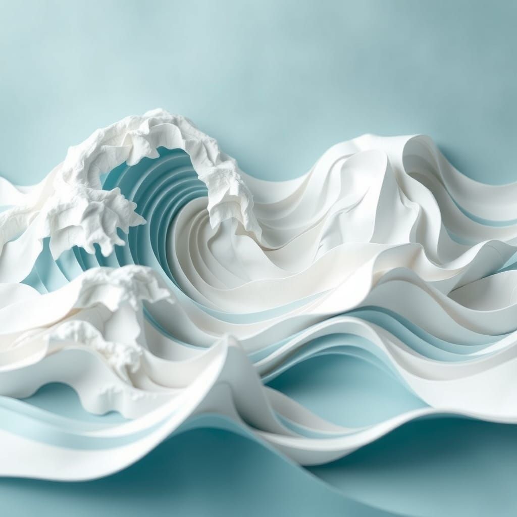 Origami Water Landscape with Rippling Waves