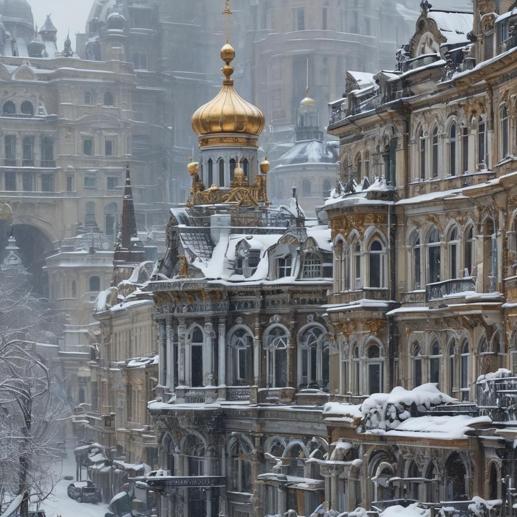 Snowy Russian Steampunk City with Victorian Flair