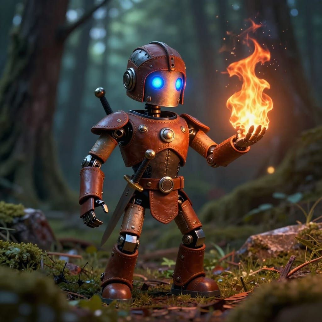 Robot Mage in Leather Armor Conjures Fire in Woodland