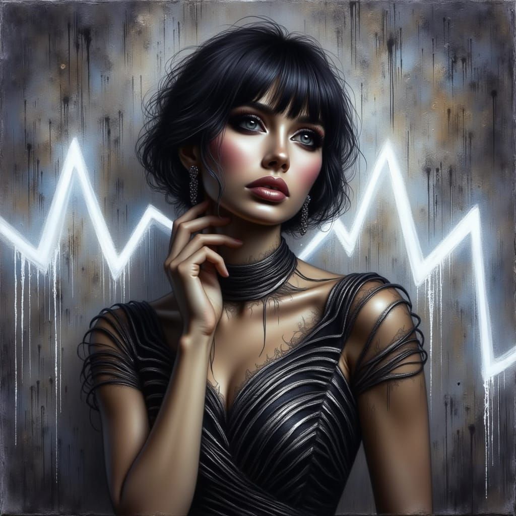 Ethereal Woman in Shimmering Black Dress, Watercolor Acrylic...