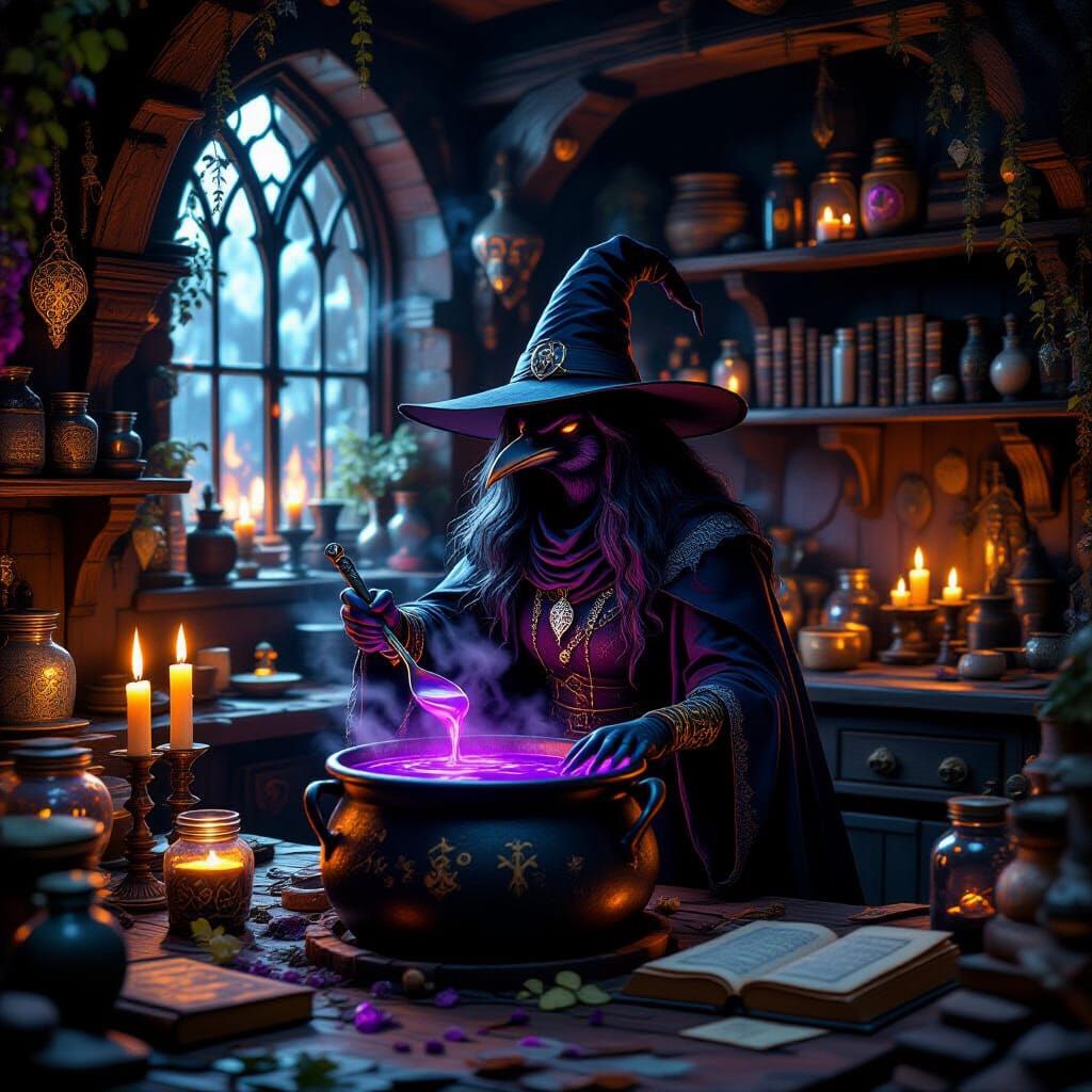 Enchanting Witch's Kitchen with Magical Potion and Raven