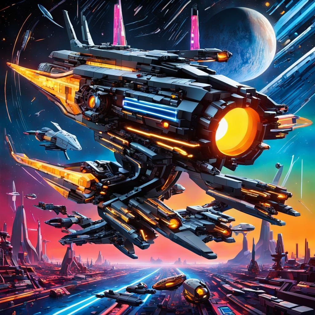 Sleek Futuristic Star Fleets in Neon-Lit Space