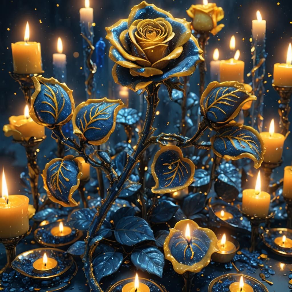 Deep Blue Rose with Candles in Dark Fantasy Style
