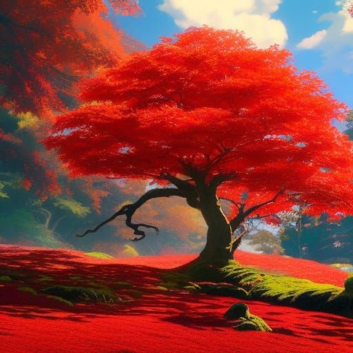 Red Maple Tree in Miyazaki Ghibli Style