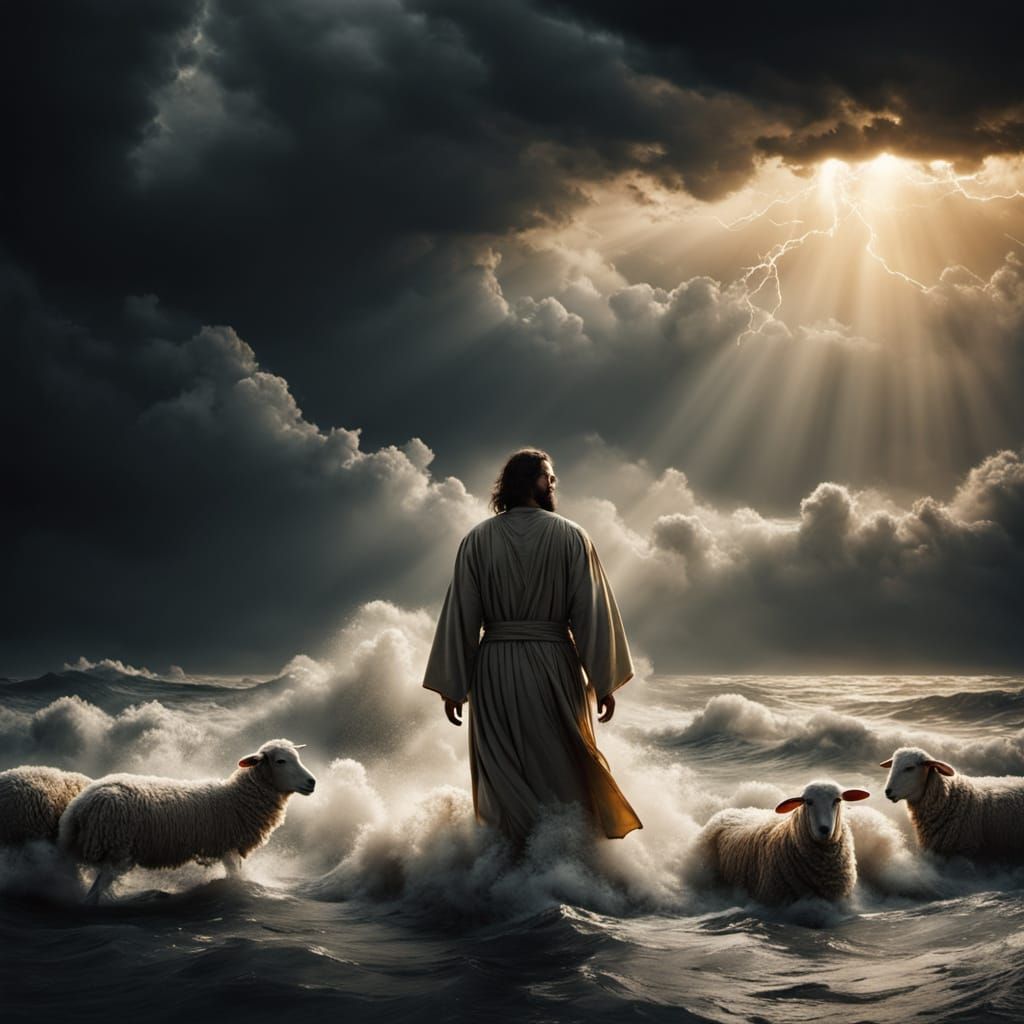 Ethereal Jesus Walks on Turbulent Sea with White Sheep
