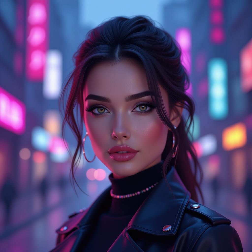 Monochrome Fashion Woman in Neon City