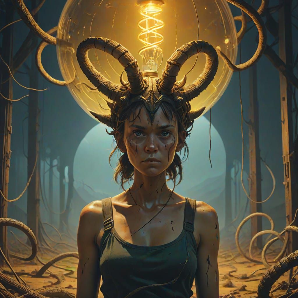 Woman in Light Bulb, Surrounded by Snakes, in a Cinematic Fi...