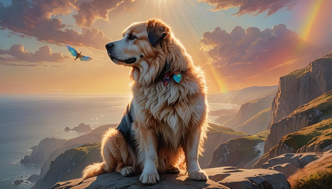 Winged Pyrenees Overlooking Sea: Hyperrealistic Digital Art