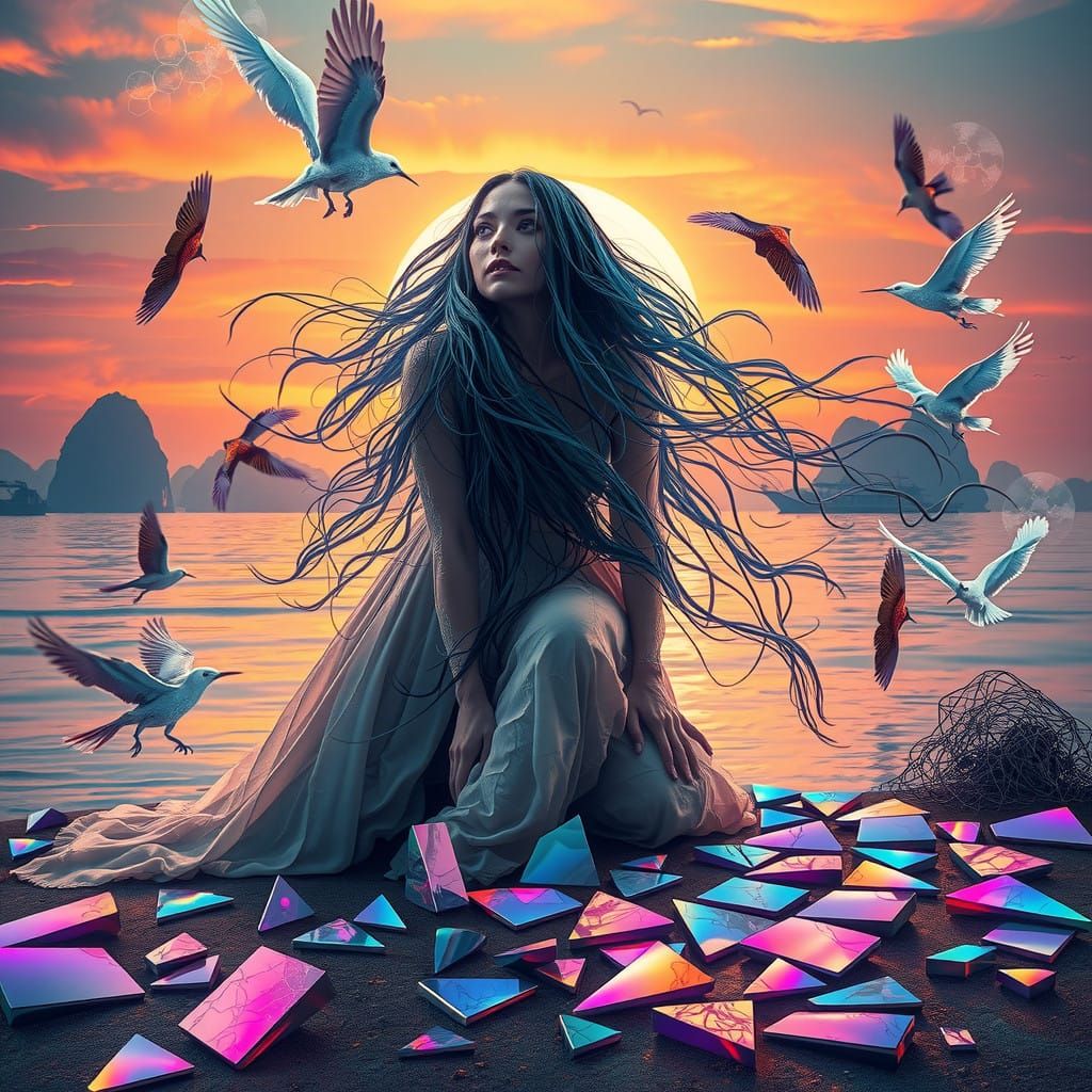 Woman in Mystical Beach Scene with Bio-Art Creatures