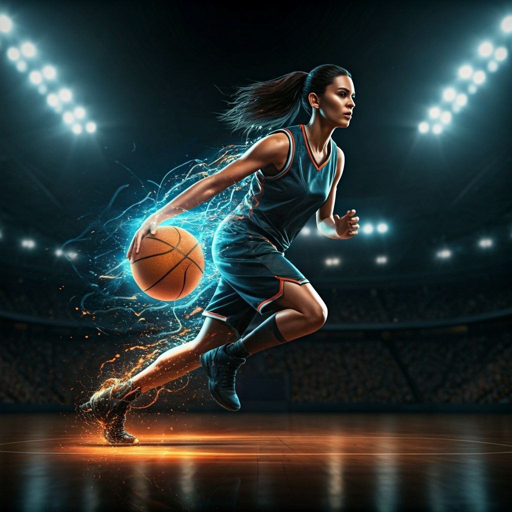 Dynamic Female Basketball Player in Futuristic Digital Art S...