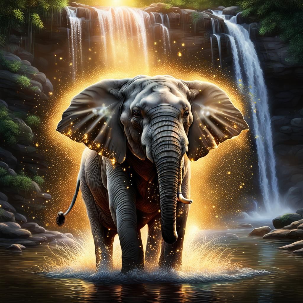 Glittering Baby Elephant at Waterfall: Hyperrealistic Splash...