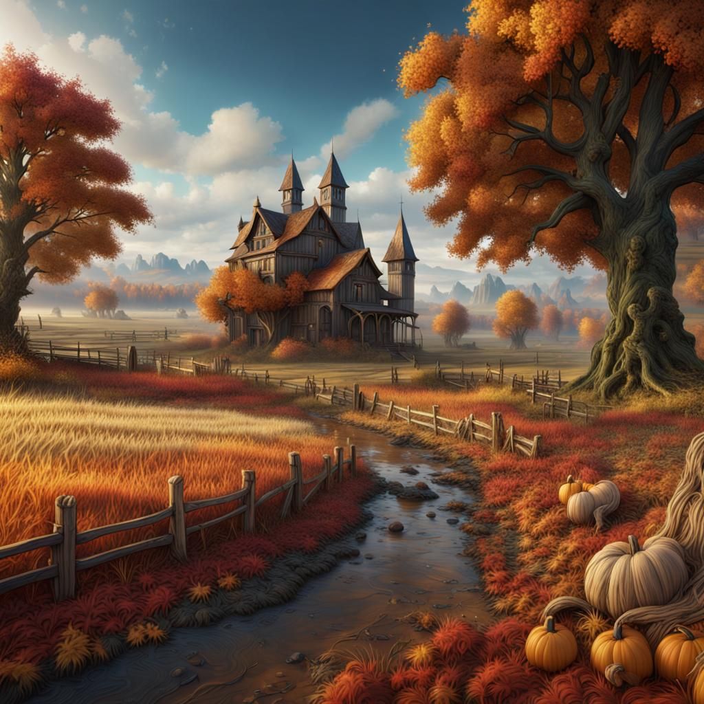 Fantastical Autumn Farmland Matte Painting