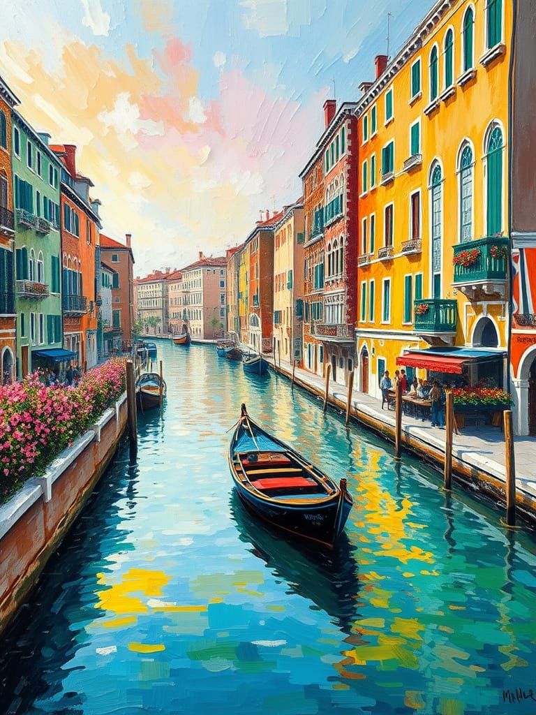 Vibrant Venice River Scene in Neo-Impressionistic Style