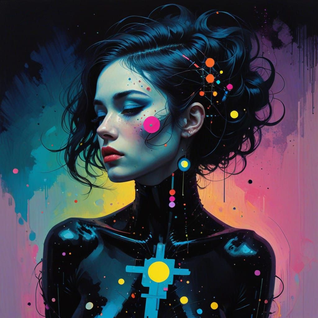 Vibrant Cyberpunk Goddess in Gold and Neon