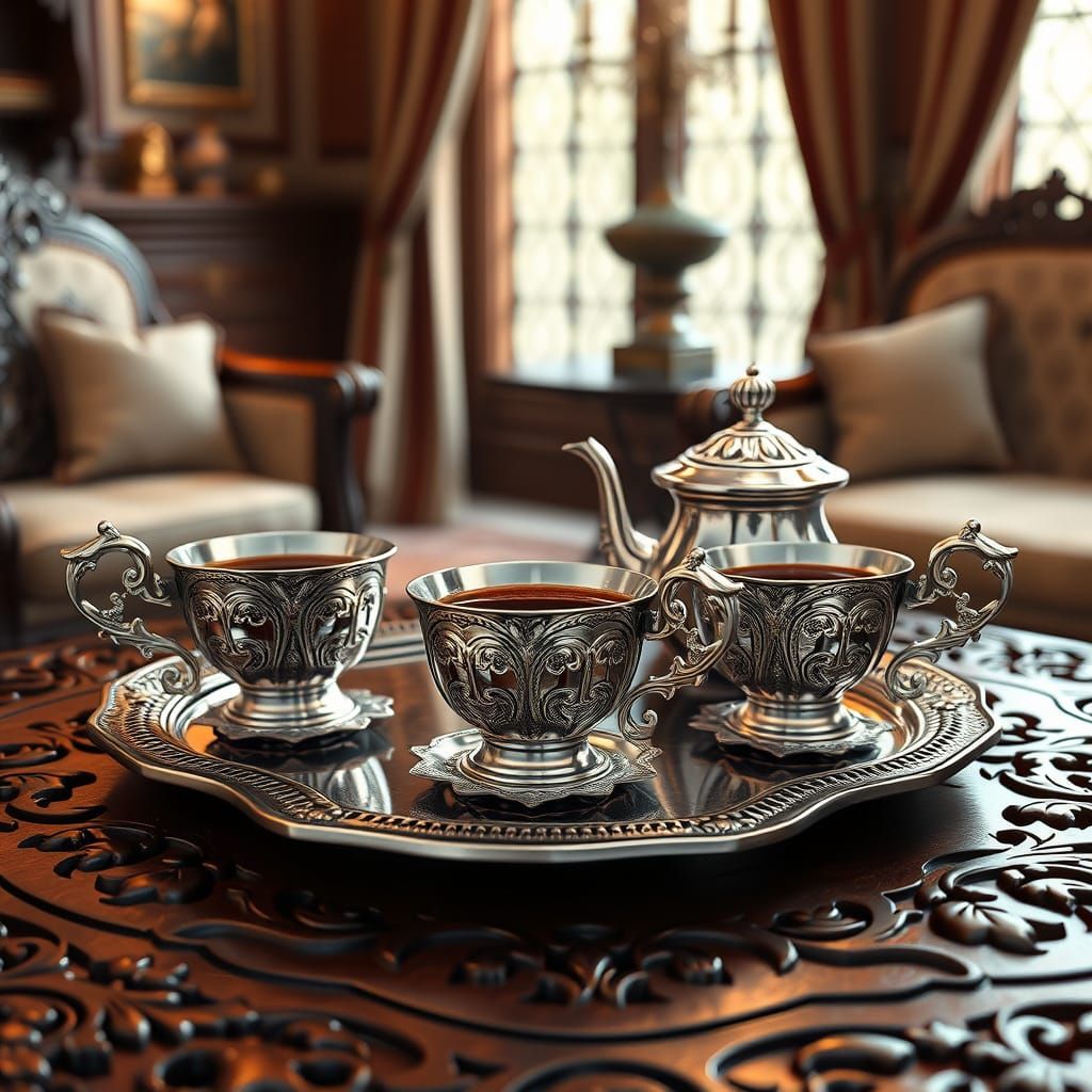 Elegant Victorian-Style Silver Coffee Set in Vibrant 3D Anim...